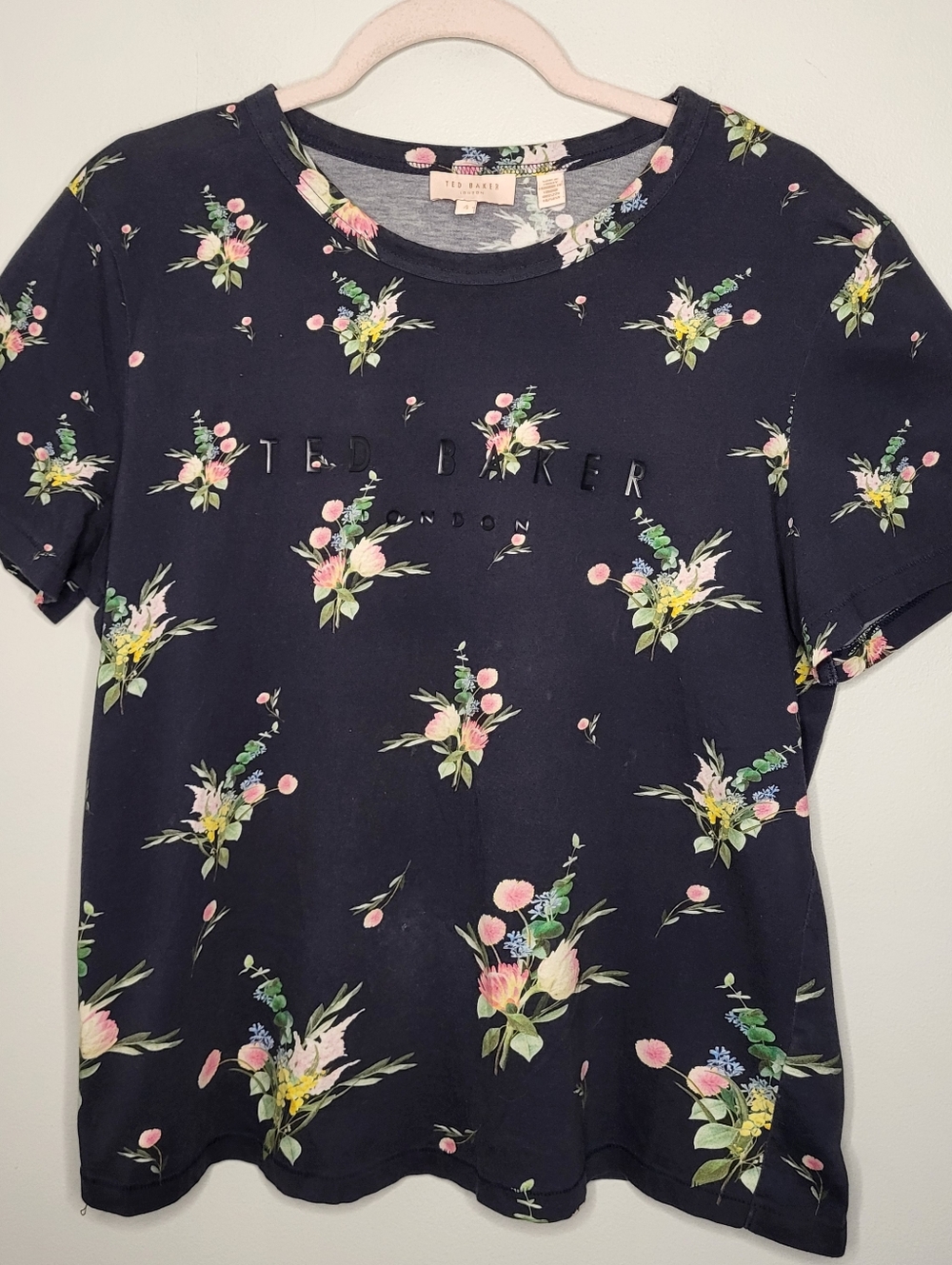 Ted Baker Size 4 US 10 Black Floral Logo Tee Pink Green Accents Casual T-Shirt